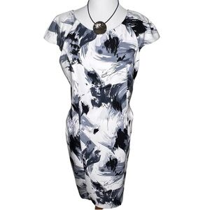 Scarlett Floral Print Cut Out Short Sleeve Knee Length Dress Black White Size 16